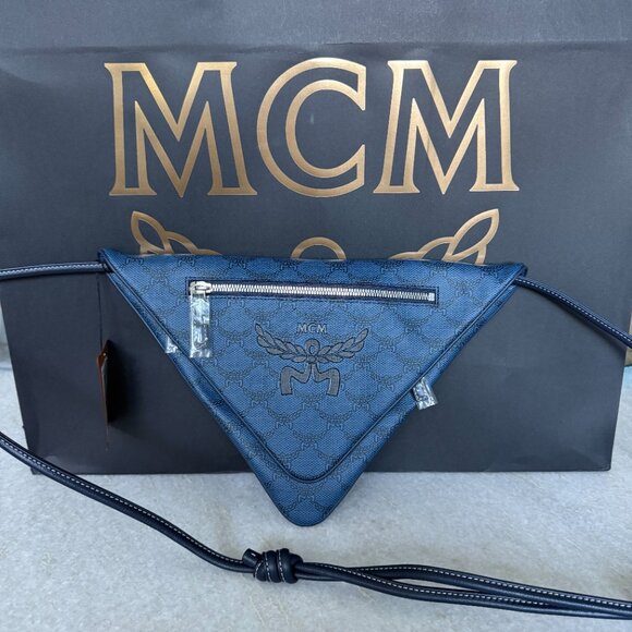 MCM Blue Canvas and leather Triangle Shoulder Bag - Picture 6 of 14
